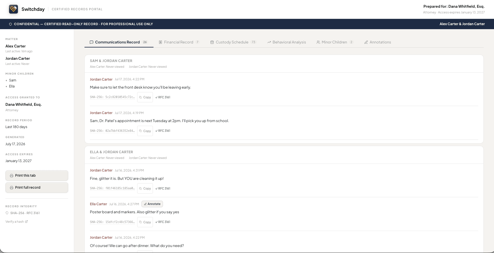 Switchday certified records portal — attorney access view with SHA-256 verified messages